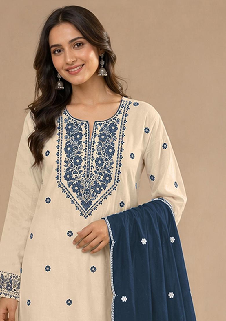 White Embroidered Khadi Salwar Kameez - Indya