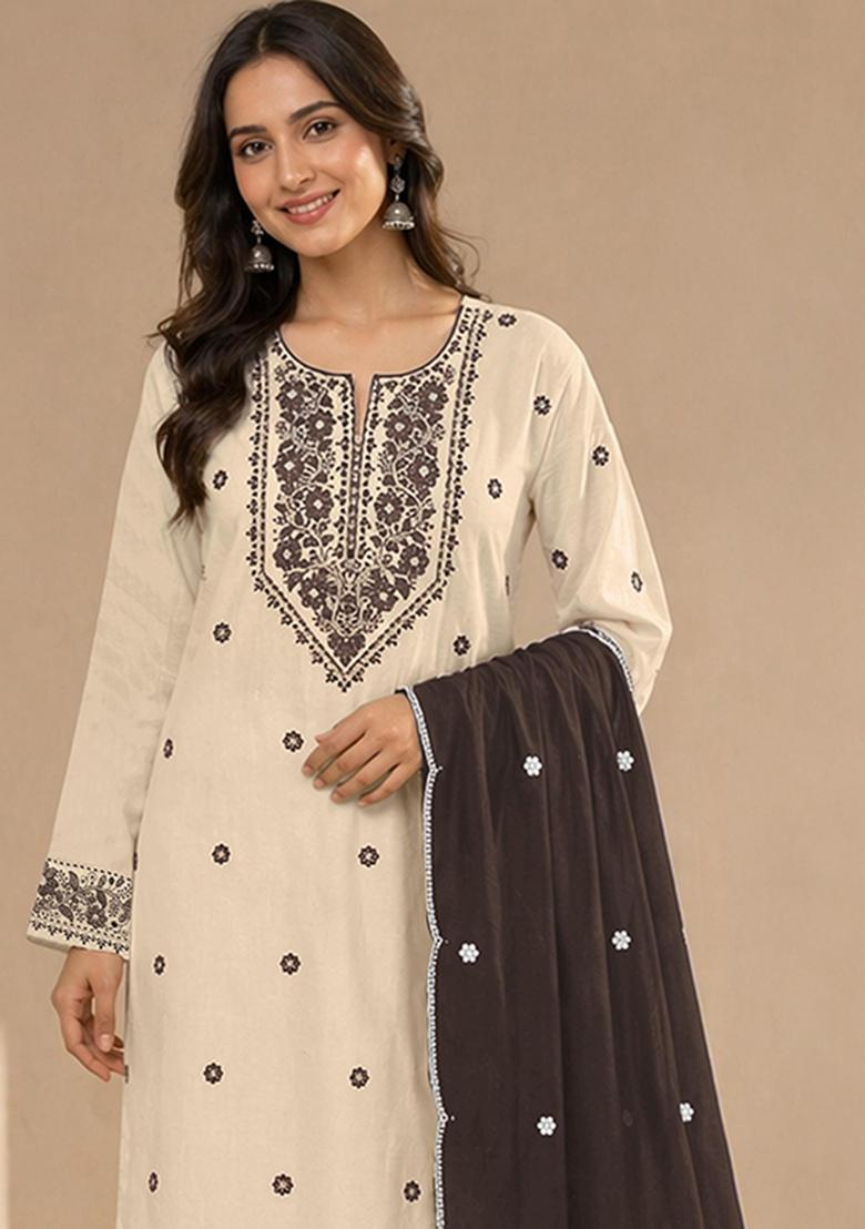 White Embroidered Khadi Salwar Kameez - Indya