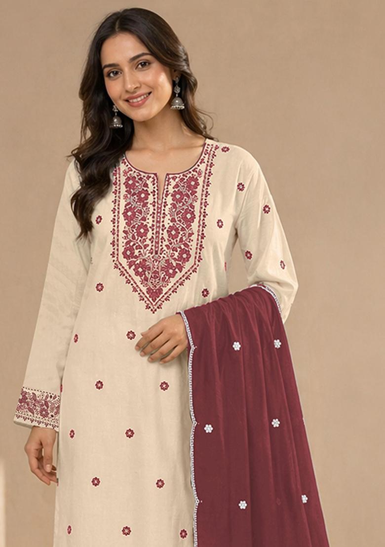 White Embroidered Khadi Salwar Kameez - Indya