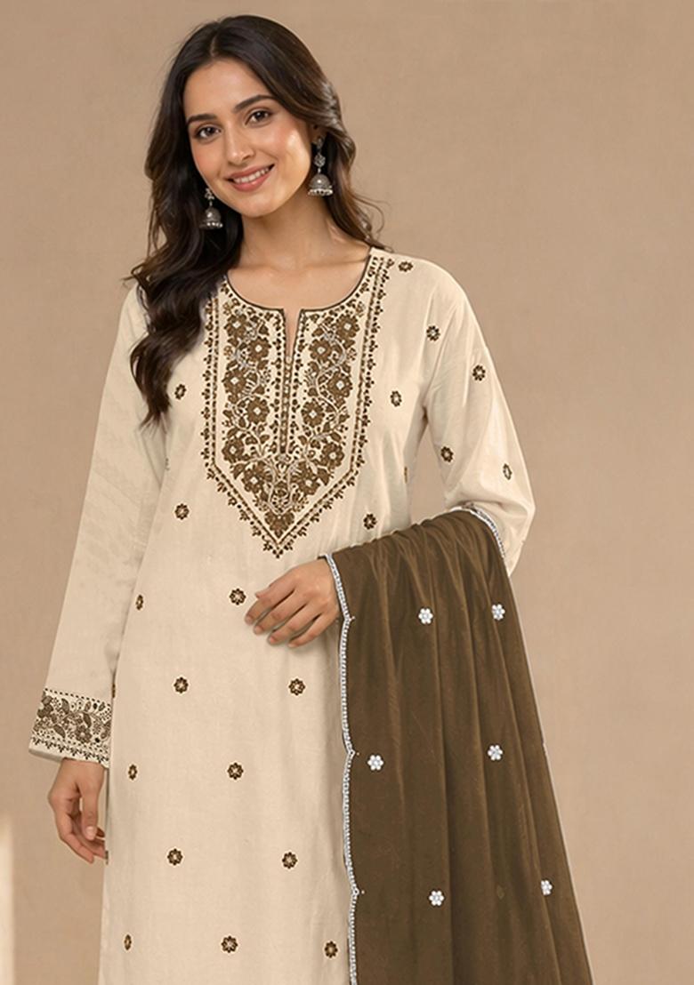White Embroidered Khadi Salwar Kameez - Indya