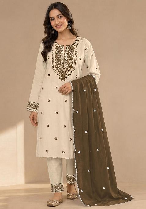 White Embroidered Khadi Salwar Kameez