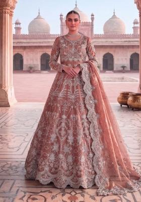 peach Zari Work net Salwar Kameez