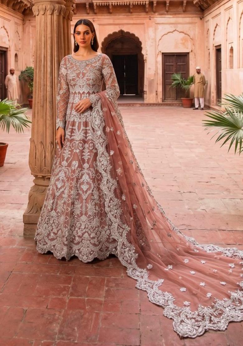 peach Zari Work net Salwar Kameez - Indya