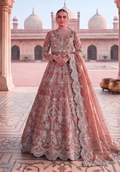 peach Zari Work net Salwar Kameez