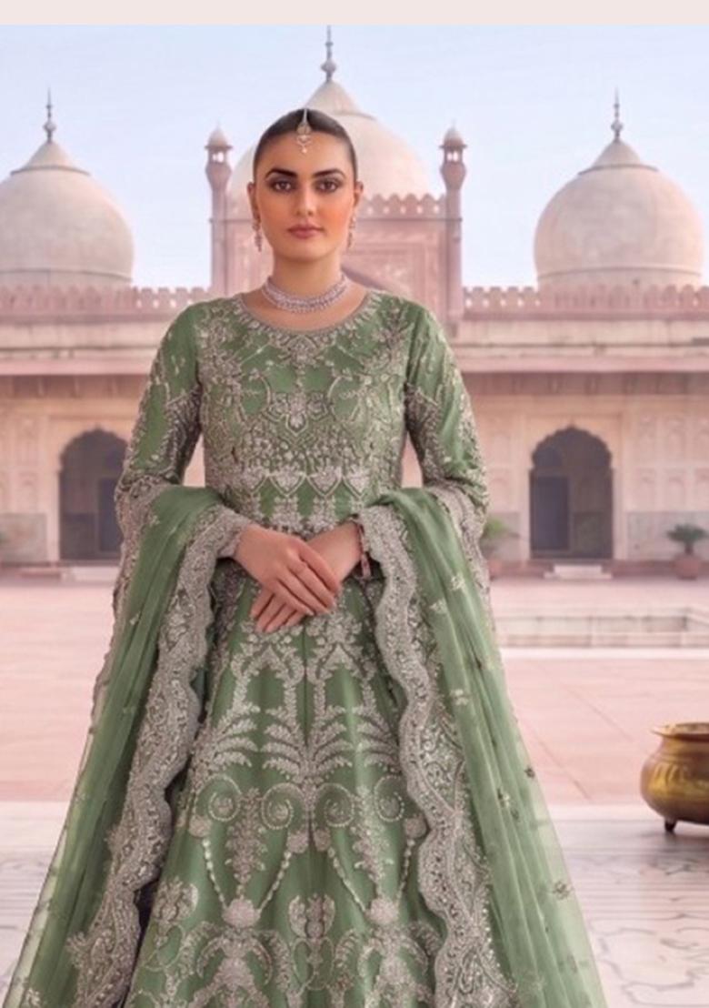 green Zari Work net Salwar Kameez - Indya