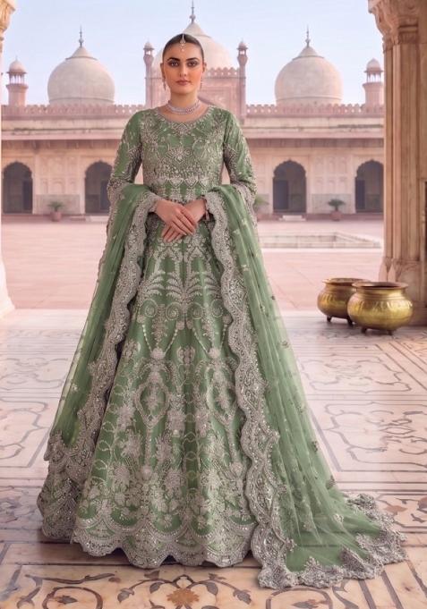 green Zari Work net Salwar Kameez
