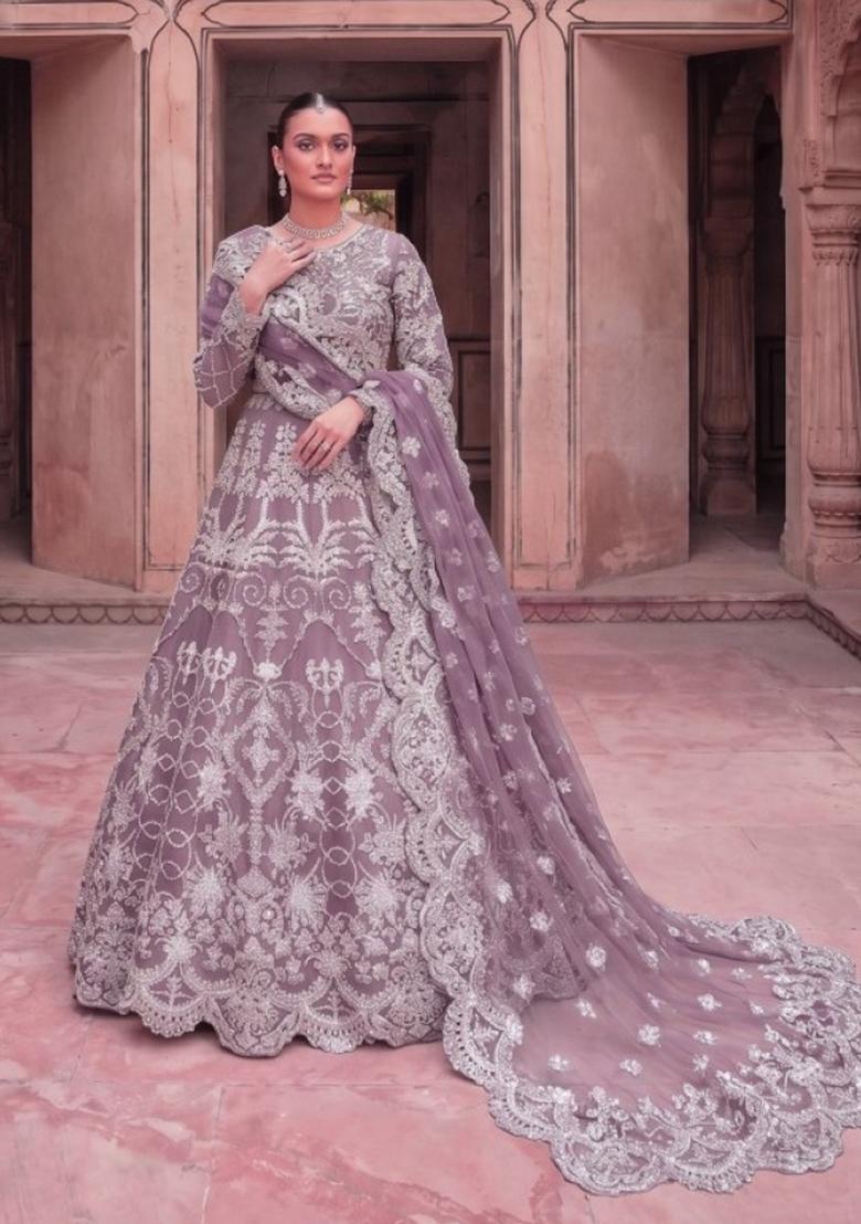 lavender Zari Work net Salwar Kameez - Indya