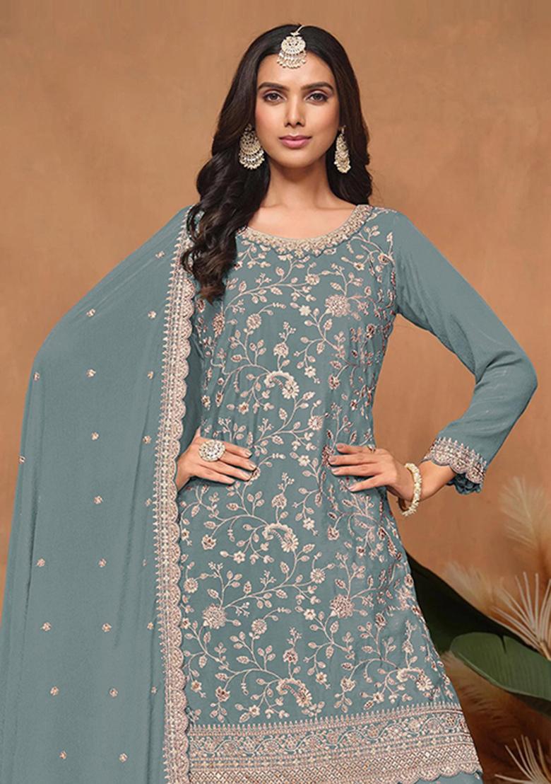 blue Zari Work Silk Blend Salwar Kameez - Indya