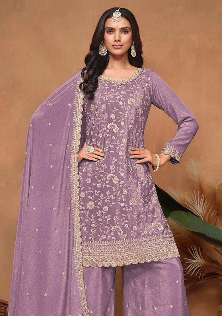 lavender Zari Work Silk Blend Salwar Kameez - Indya