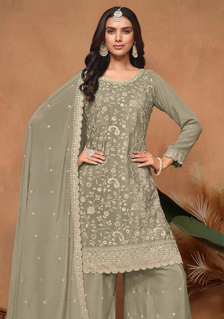 green Zari Work Silk Blend Salwar Kameez - Indya