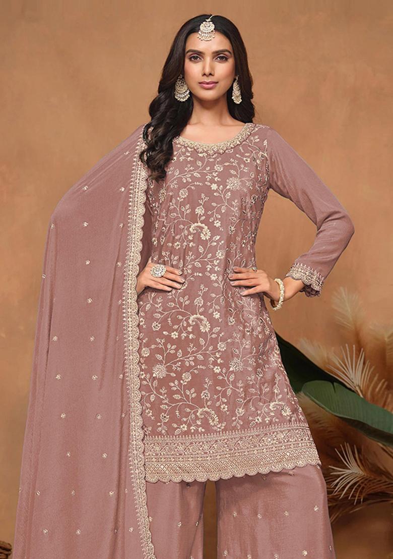 peach Zari Work Silk Blend Salwar Kameez - Indya