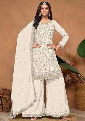white Zari Work silk Salwar Kameez