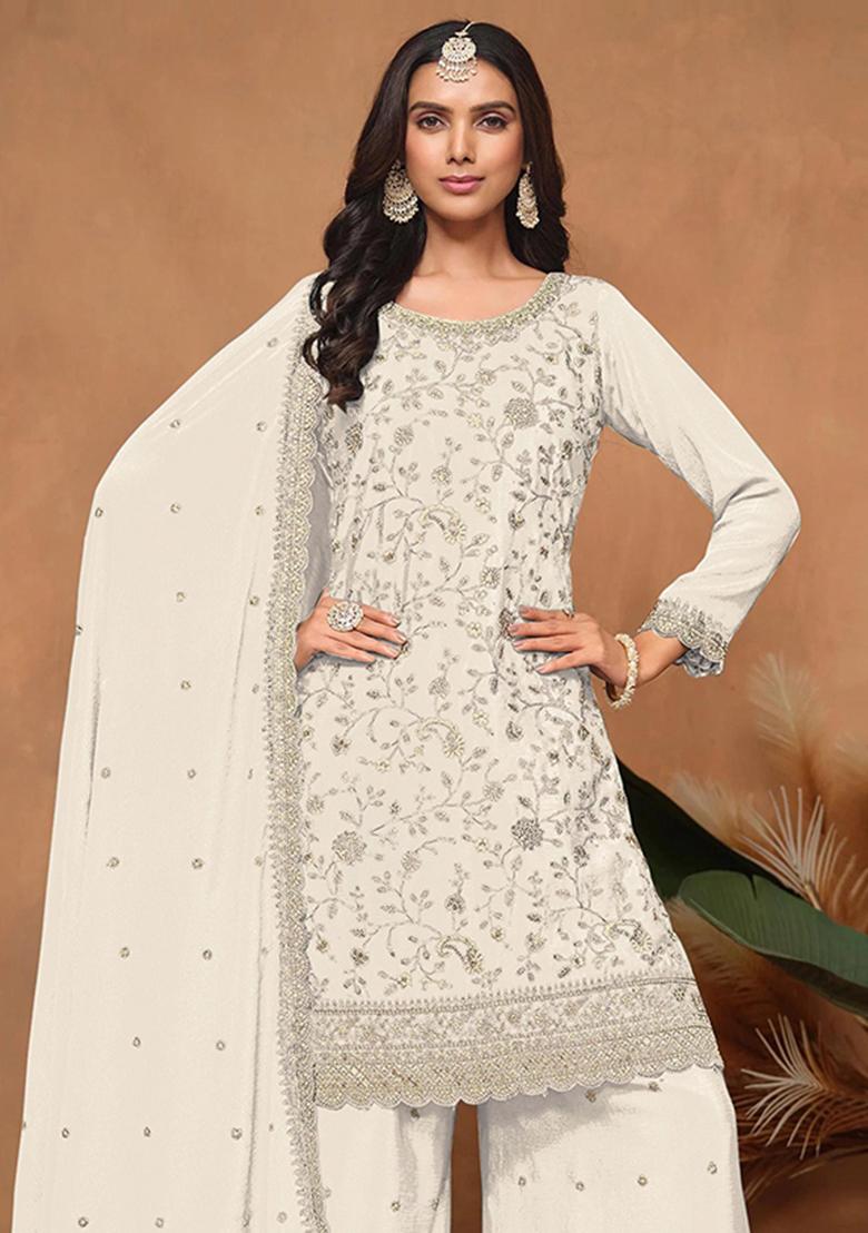 white Zari Work Silk Blend Salwar Kameez - Indya