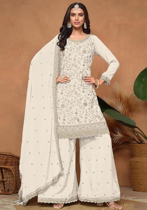 white Zari Work silk Salwar Kameez