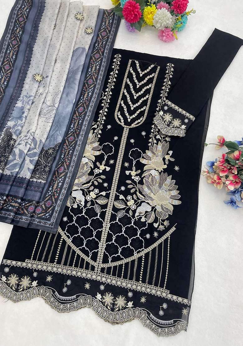 black Zari Work faux georgette Salwar Kameez - Indya