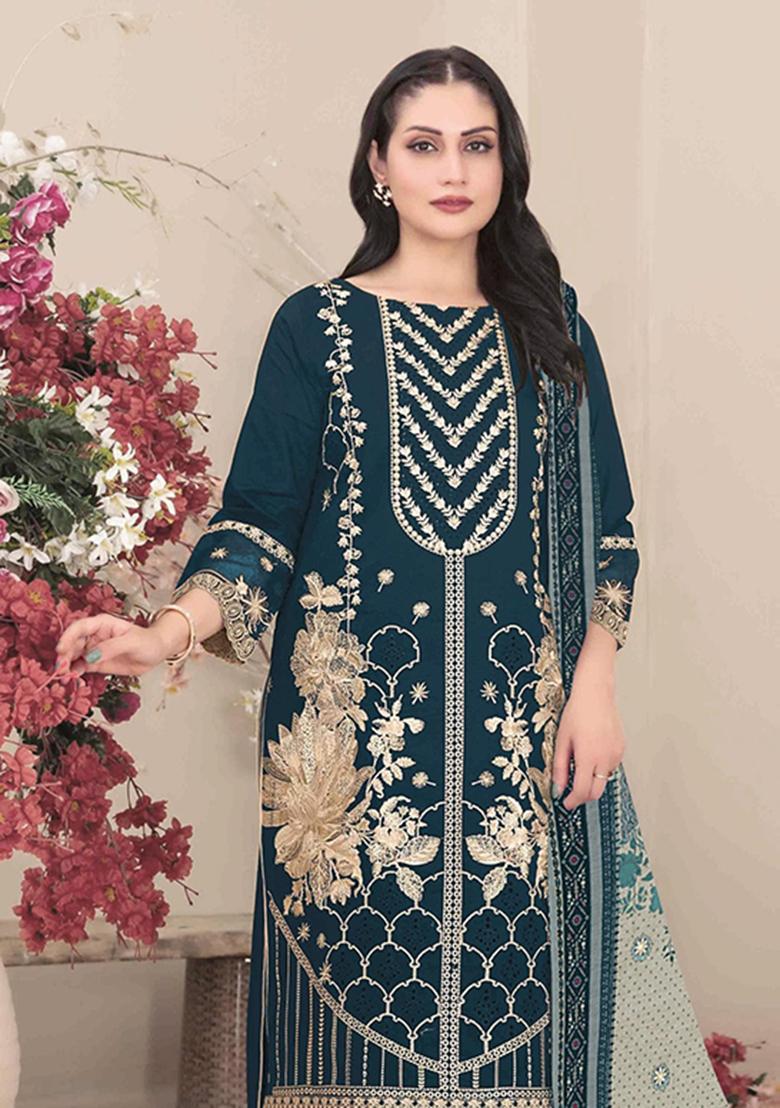 dark blue Zari Work faux georgette Salwar Kameez - Indya