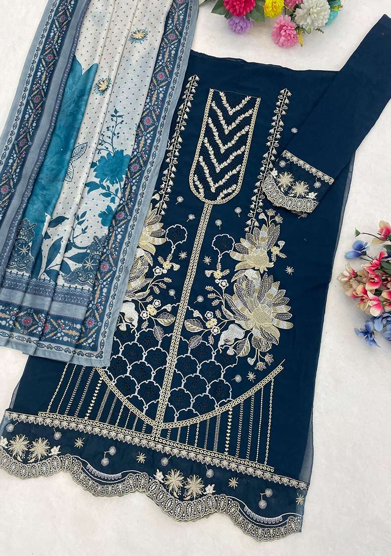 dark blue Zari Work faux georgette Salwar Kameez - Indya