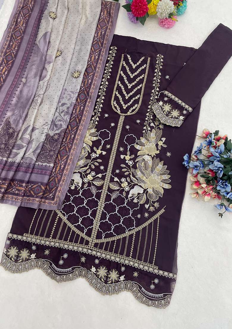 violet Zari Work faux georgette Salwar Kameez - Indya