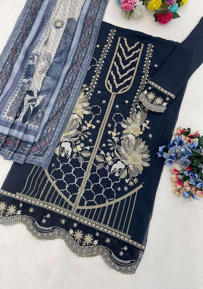 navy blue Zari Work faux georgette Salwar Kameez - Indya