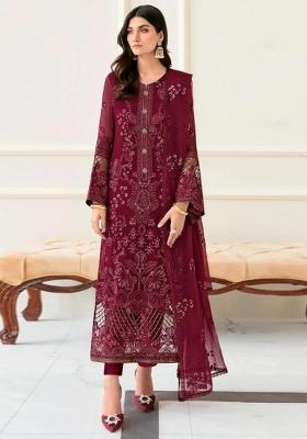 maroon Zari Work faux georgette Salwar Kameez