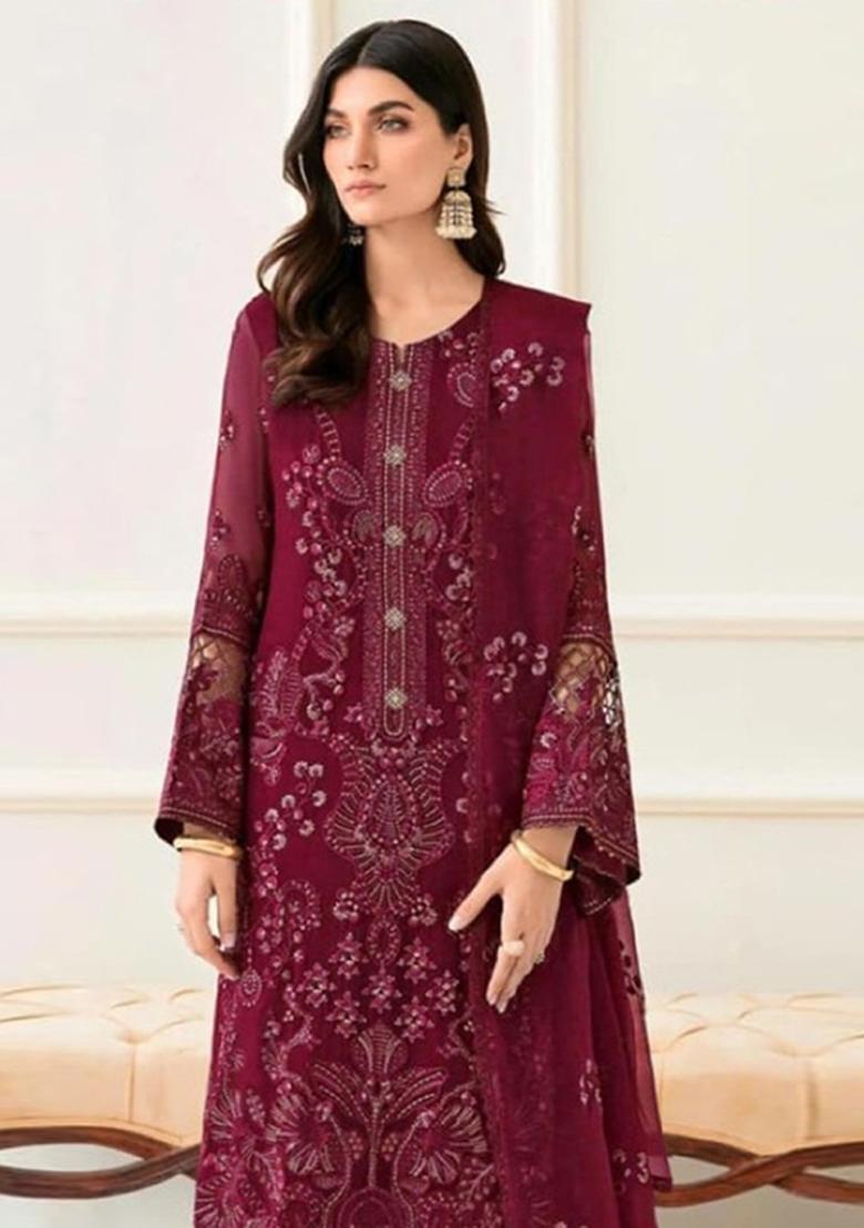 maroon Zari Work faux georgette Salwar Kameez - Indya
