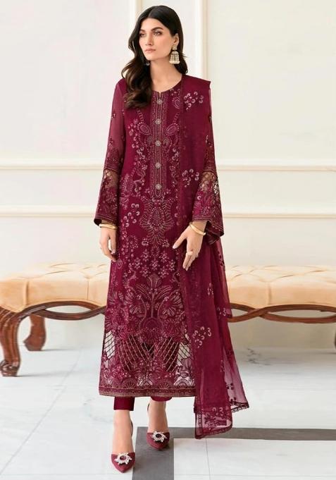 maroon Zari Work faux georgette Salwar Kameez