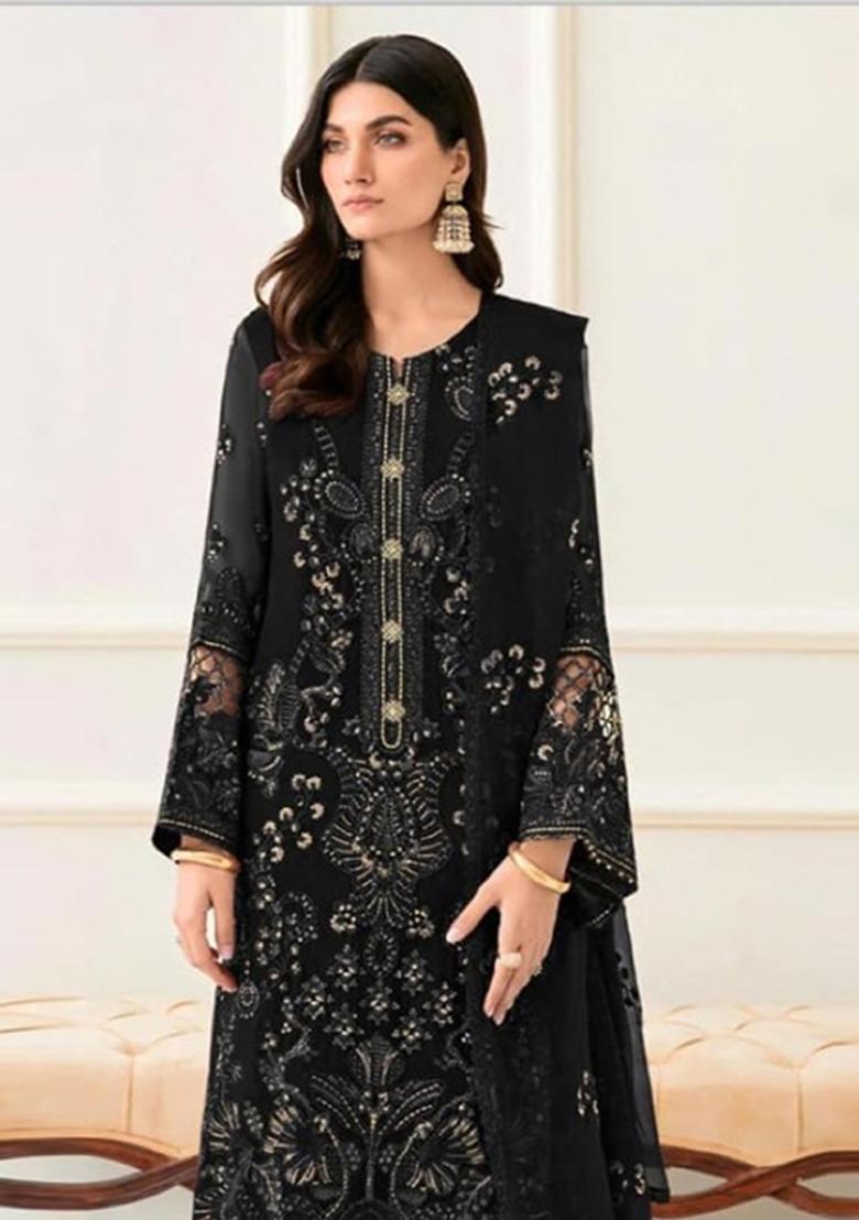 black Zari Work faux georgette Salwar Kameez - Indya