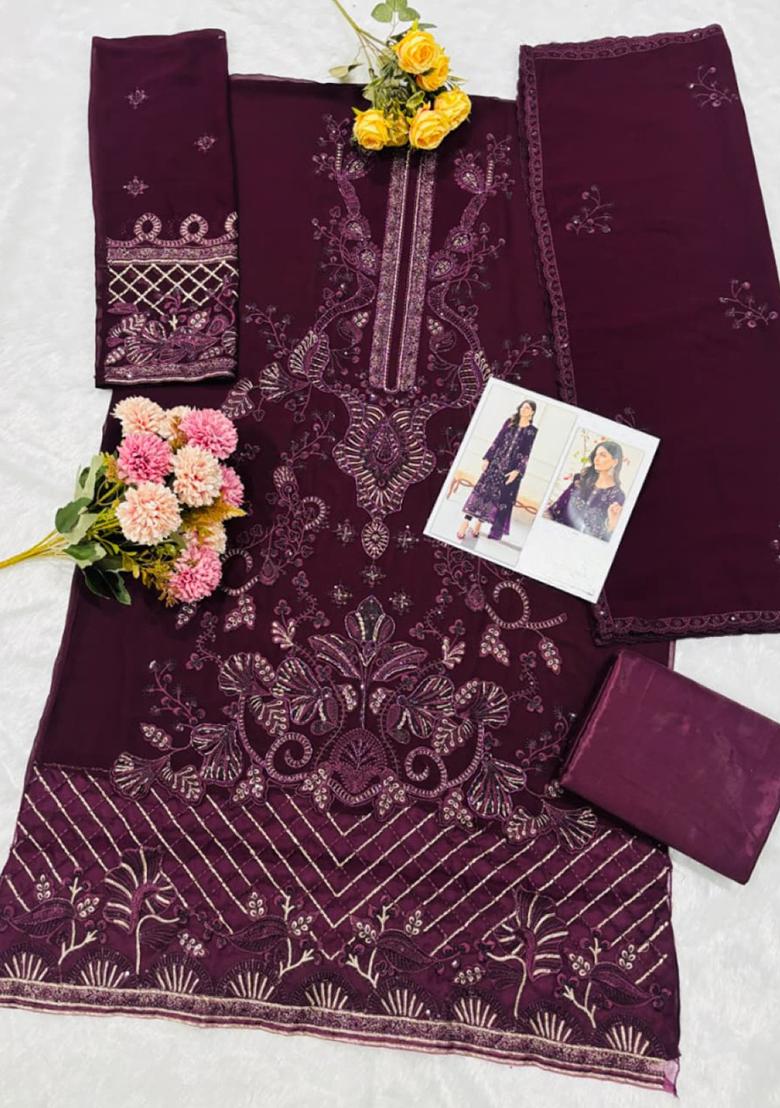 purple Zari Work faux georgette Salwar Kameez - Indya