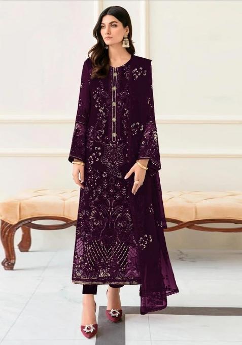 purple Zari Work faux georgette Salwar Kameez