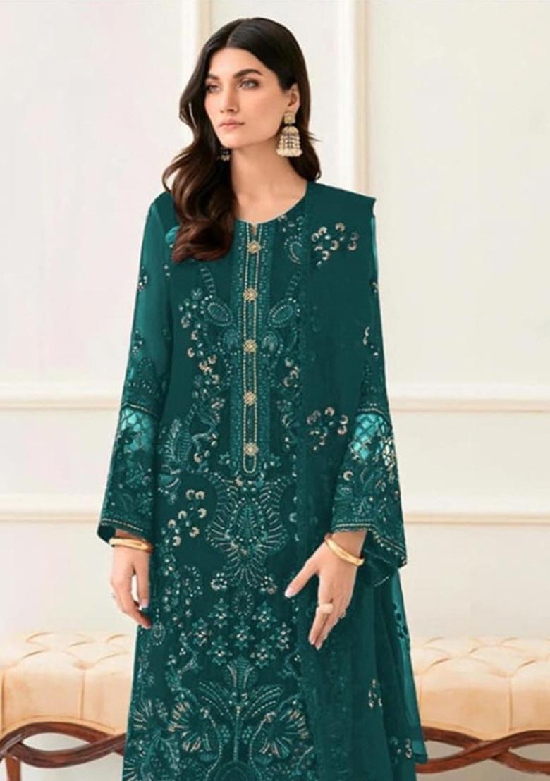 teal green Zari Work faux georgette Salwar Kameez - Indya