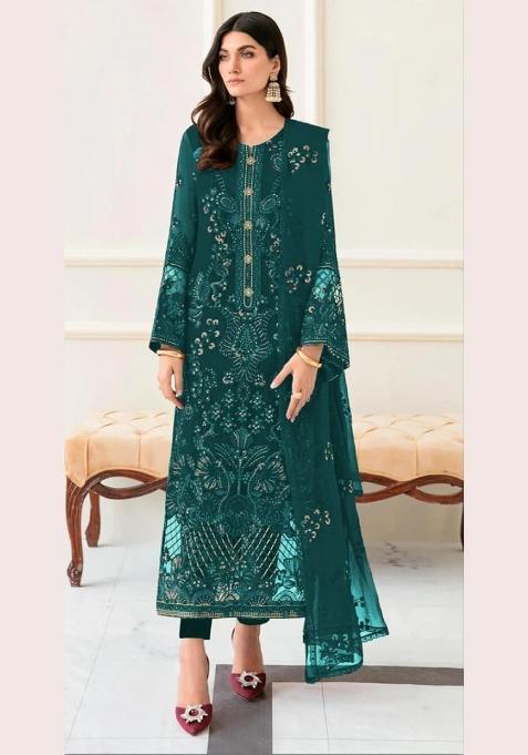 teal green Zari Work faux georgette Salwar Kameez