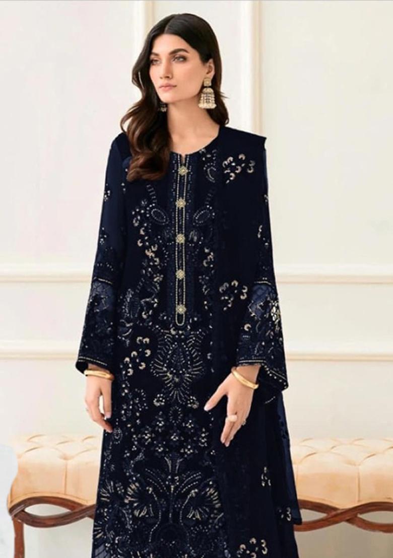 navy blue Zari Work faux georgette Salwar Kameez - Indya