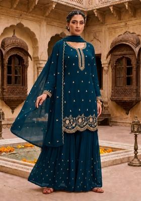 teal blue Zari Work faux georgette Salwar Kameez