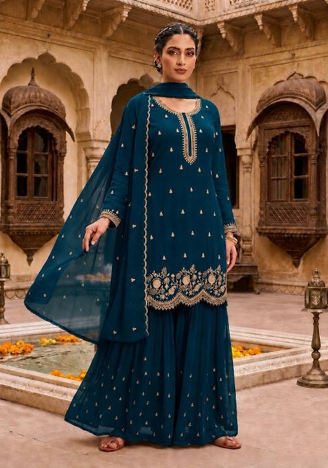 teal blue Zari Work faux georgette Salwar Kameez