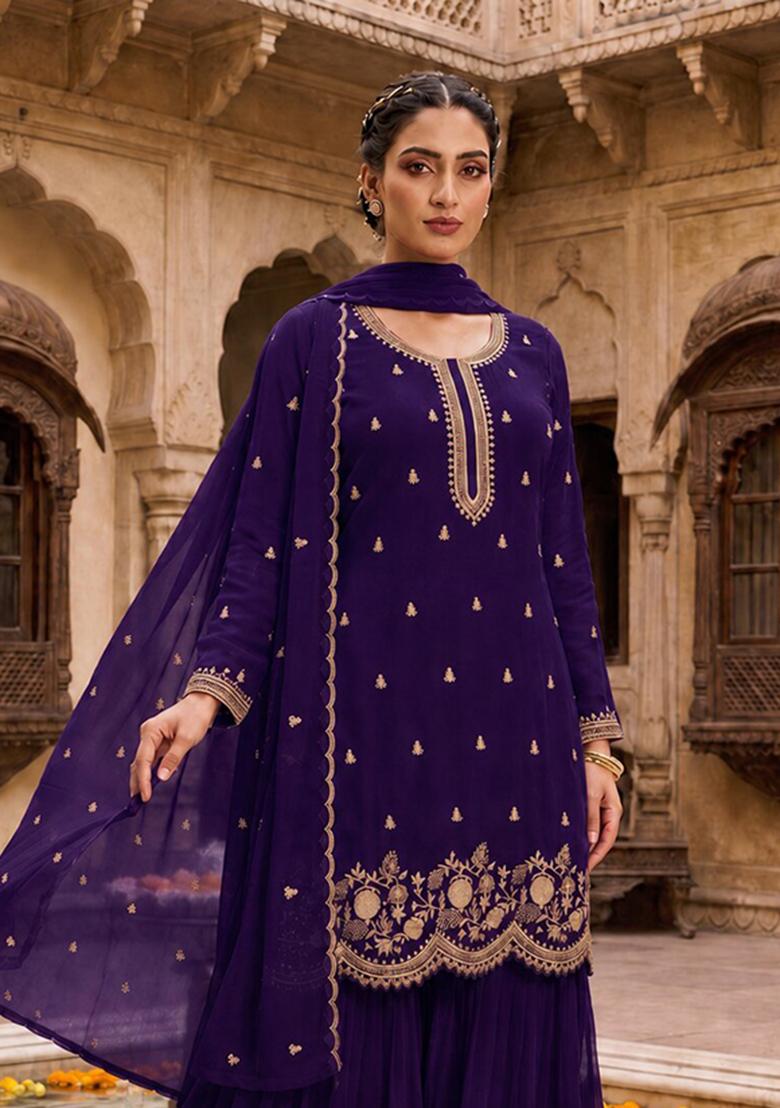 violet Zari Work faux georgette Salwar Kameez - Indya