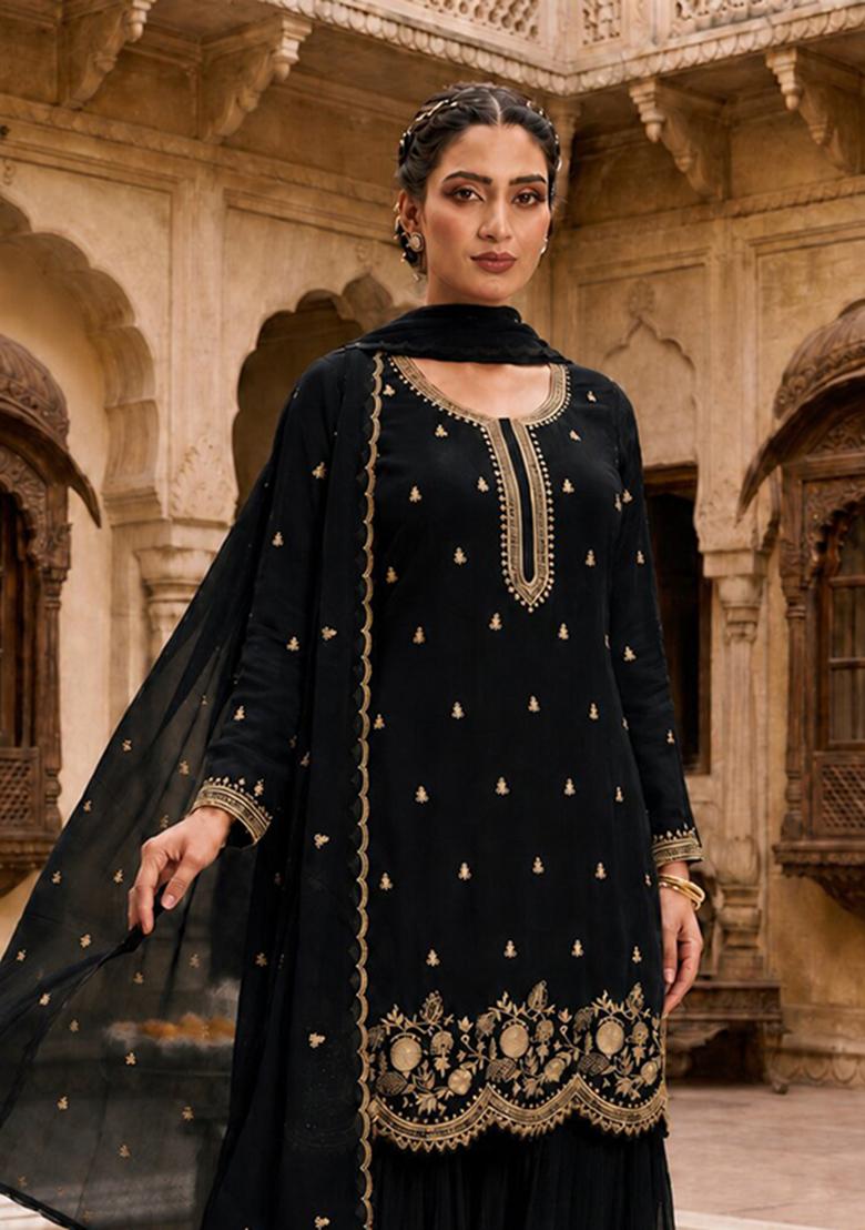 black Zari Work faux georgette Salwar Kameez - Indya