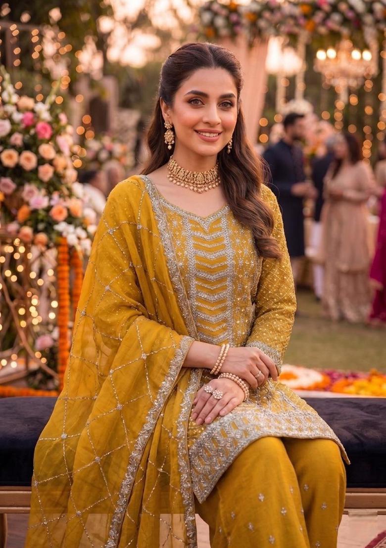 yellow Zari Work Silk Blend Salwar Kameez - Indya