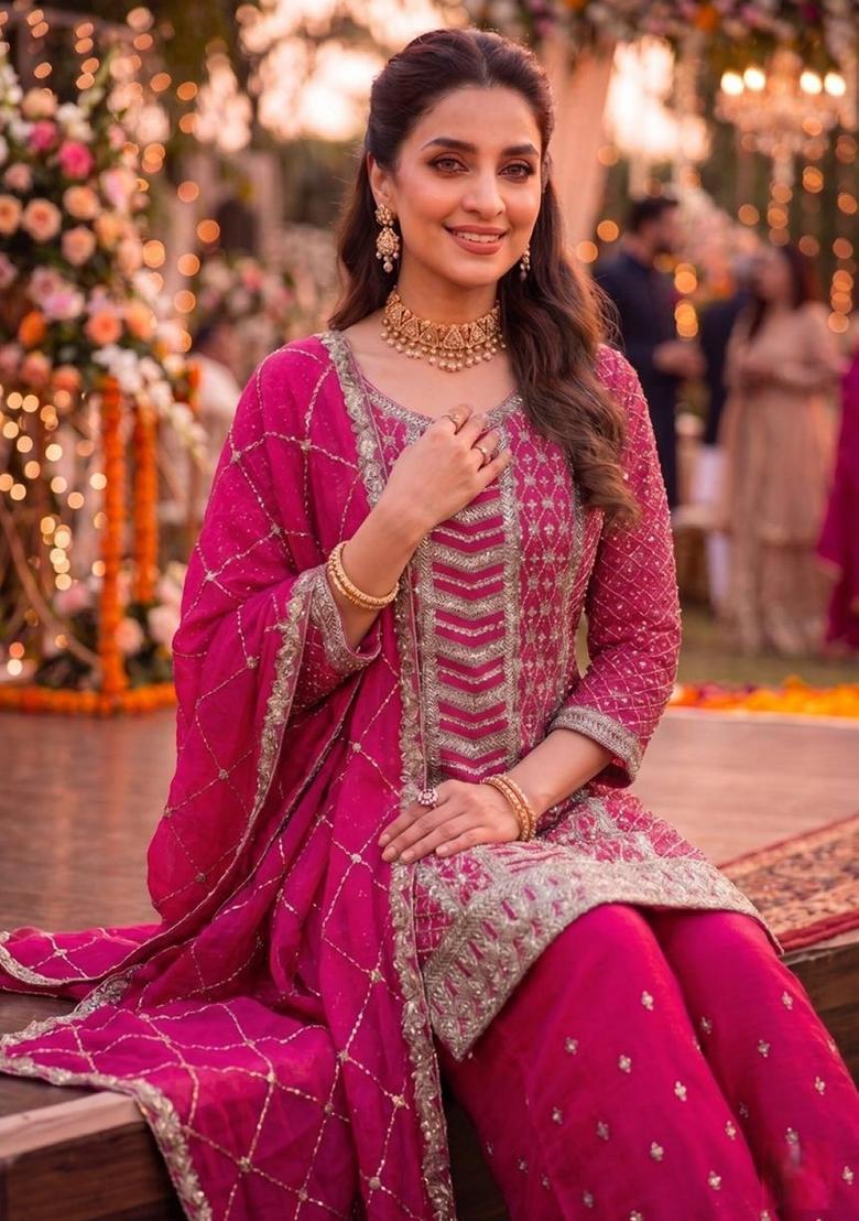rani pink Zari Work Silk Blend Salwar Kameez - Indya