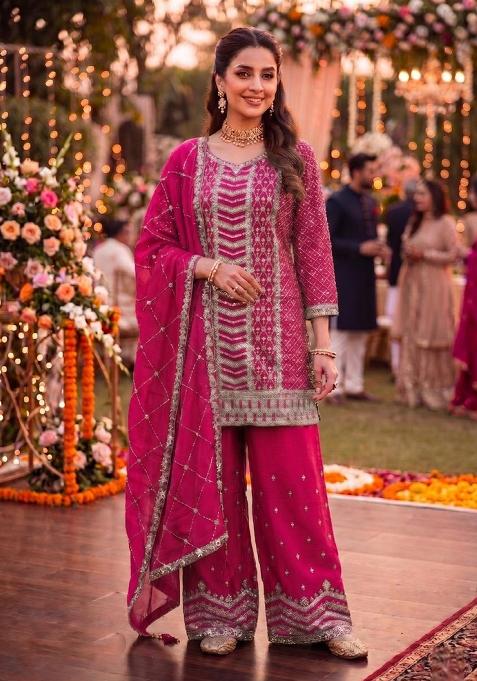 rani pink Zari Work silk Salwar Kameez