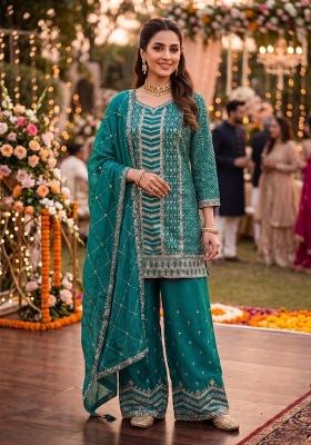 turquoise Zari Work Silk Blend Salwar Kameez