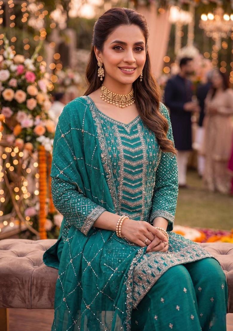 turquoise Zari Work Silk Blend Salwar Kameez - Indya