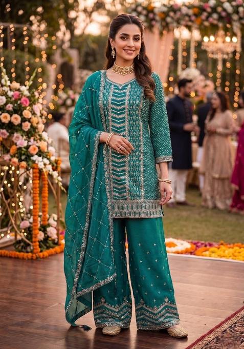 turquoise Zari Work silk Salwar Kameez