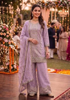 lavender Zari Work silk Salwar Kameez