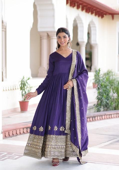 Purple Embroidered Silk Anarkali With Dupatta
