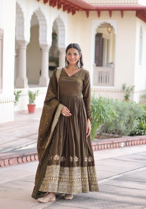Green Embroidered Silk Anarkali With Dupatta