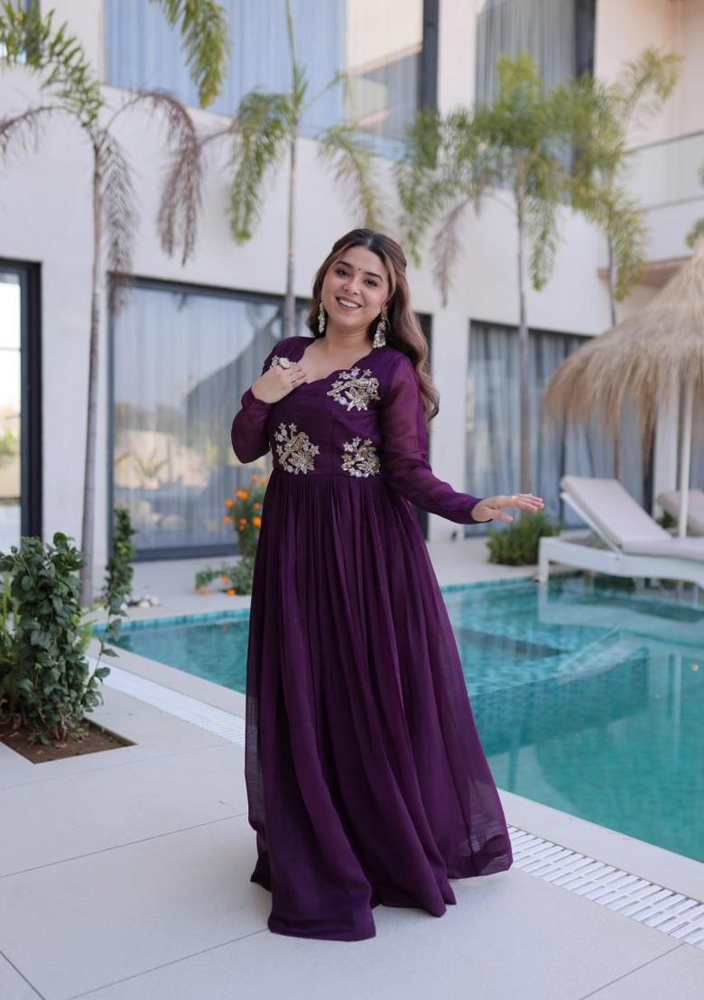 Wine Embroidered Silk Blend Anarkali - Indya