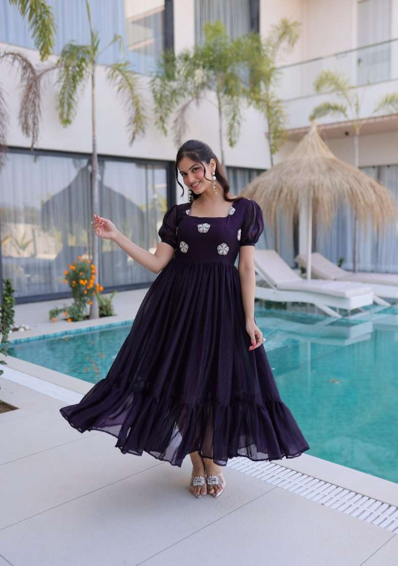 Purple Embroidered Silk Blend Anarkali - Indya