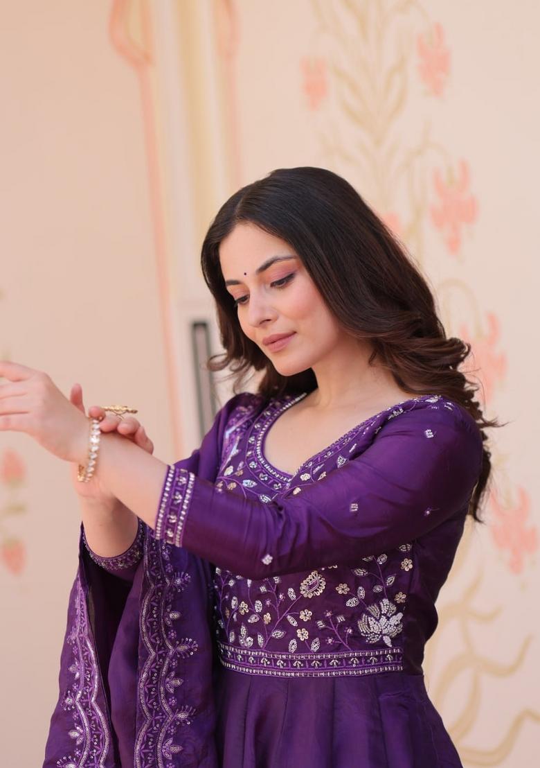 Purple Embroidered Silk Blend Anarkali With Dupatta - Indya