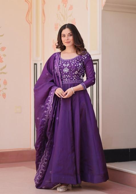 Purple Embroidered Silk Anarkali With Dupatta