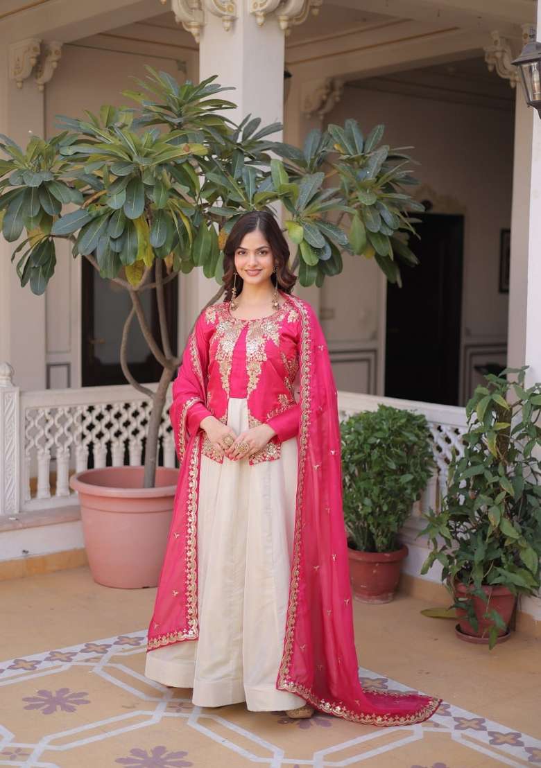 Pink Embroidered Silk Blend Anarkali With Dupatta - Indya